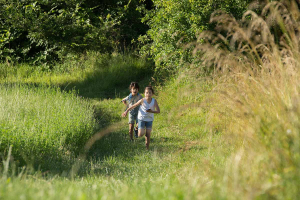 Des enfants courents dans un chemin au milieu des prés