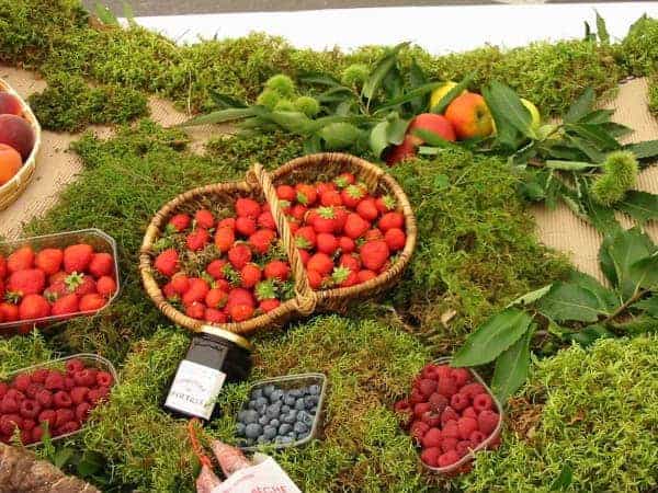 view of a basket filled with strawberries and trays of blueberries and raspberries