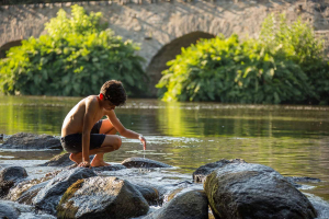 Un petit garçon joue agroupi dans l'eau avec le pont du Saillant à l'arrière-plan