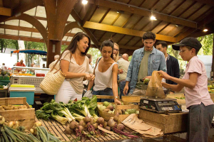 Deux jeunes femmes et un homme achètent des légumes sur un stand du marché de Brive, sous la halle Brassens