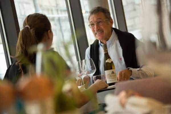Two people sitting in a traditional restaurant chatting