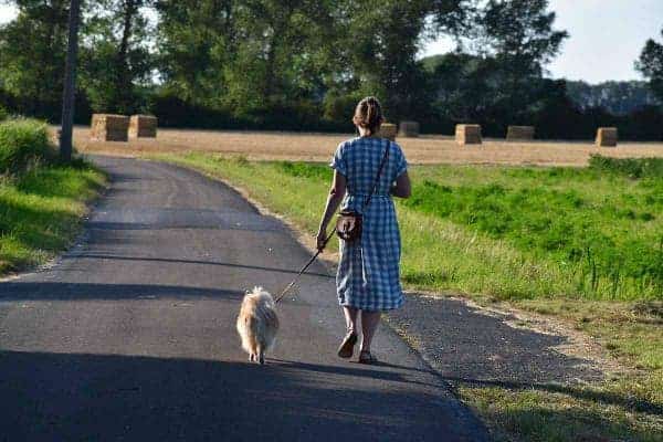 A woman walks backwards with her dog on a country road