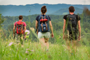 Deux hommes et une femme marchent en pleine nature avec leurs sacs sur leurs dos