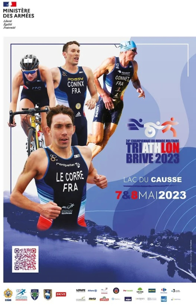 Affiche voor het wereldkampioenschap militaire triatlon op Lac du Causse in 2023