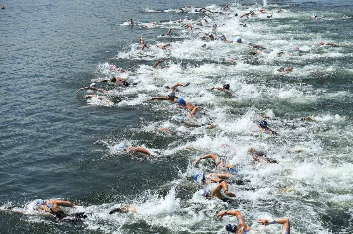 Groep open water zwemmers bij Lac du Causse