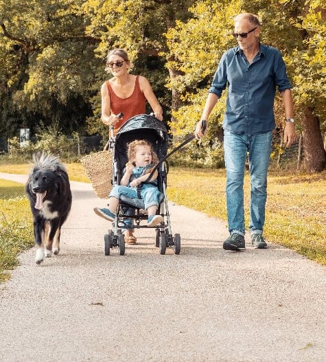 Famille se promenant avec chien
