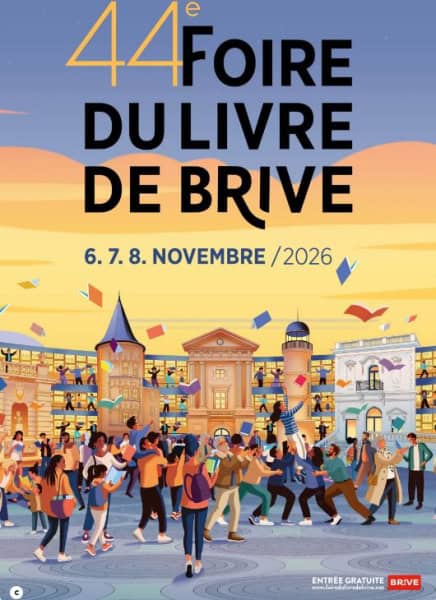 Affiche de la Foire du livre de Brive, réalisée par Thomas Tessier, avec la bibliotheque et des habitants qui font la fête