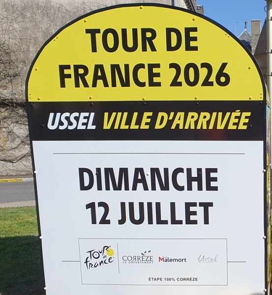 Visuel indiquant Ussel comme ville d'arrivée du Tour de France