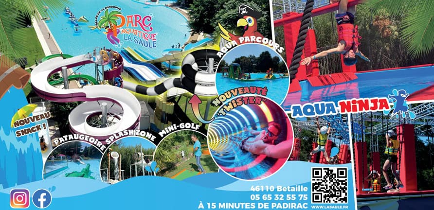 Plusiquers photos présentées du Parc Aquatique de la Saule (dans le Lot) à la limité de la Corrèze. Vue des toboggans, du mini-golf, splahzone...
